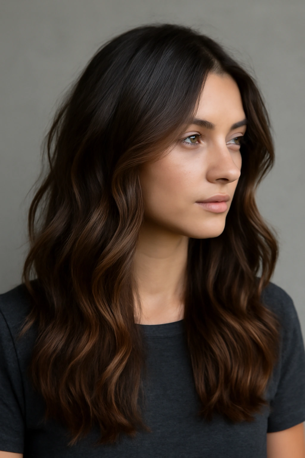 Close-up of long layered waves with face-framing pieces on a model's hair
