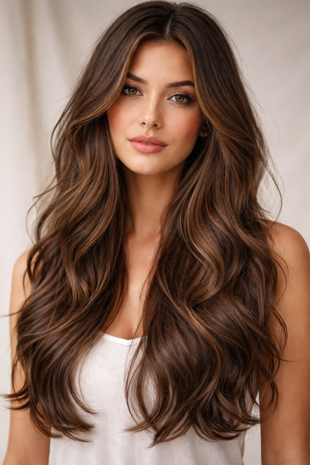 Close-up of a model with long, wavy hair showing subtle face-framing layers in soft studio lighting