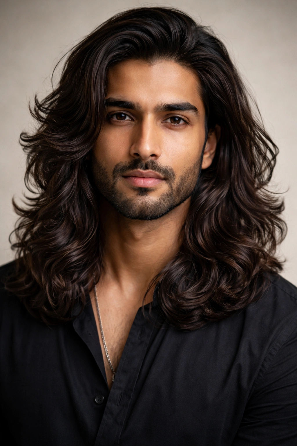 Man with shoulder-length wavy hair in a portrait