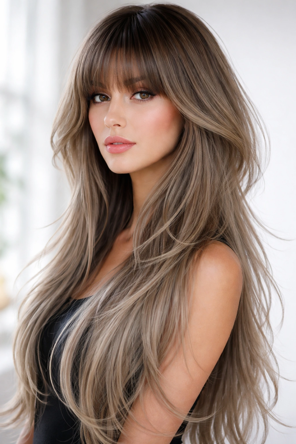 Long jellyfish haircut with bangs framing the face