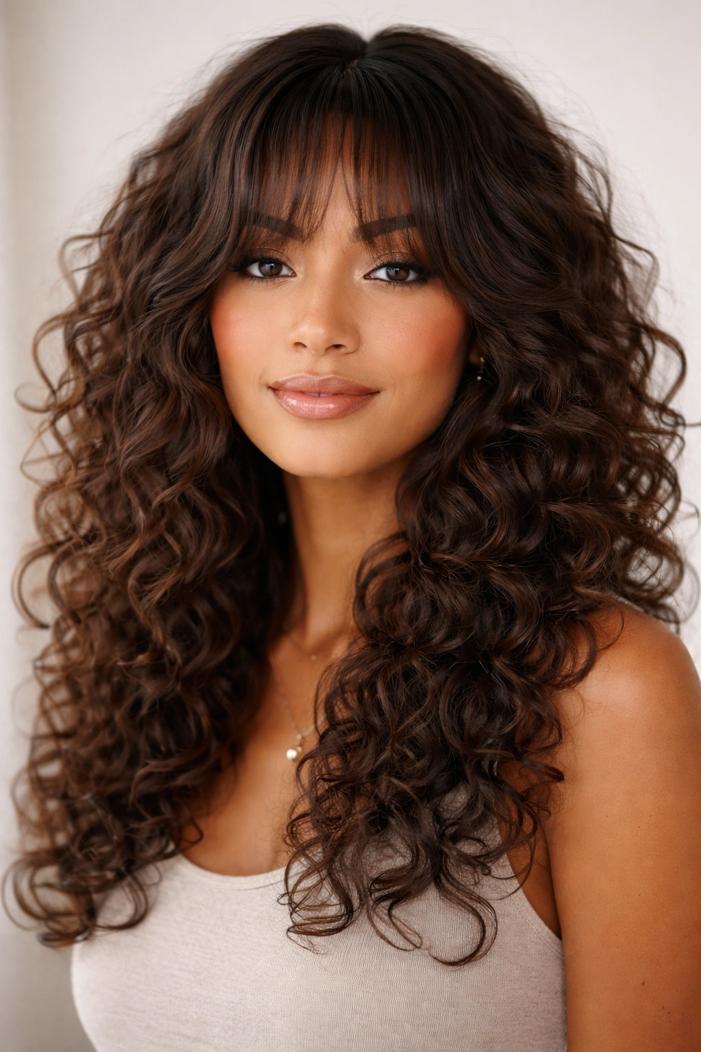 18 Gorgeous Ways To Wear Bangs With Curly Hair 14 Portrait of long layered bangs blending into curls on a curly-haired model