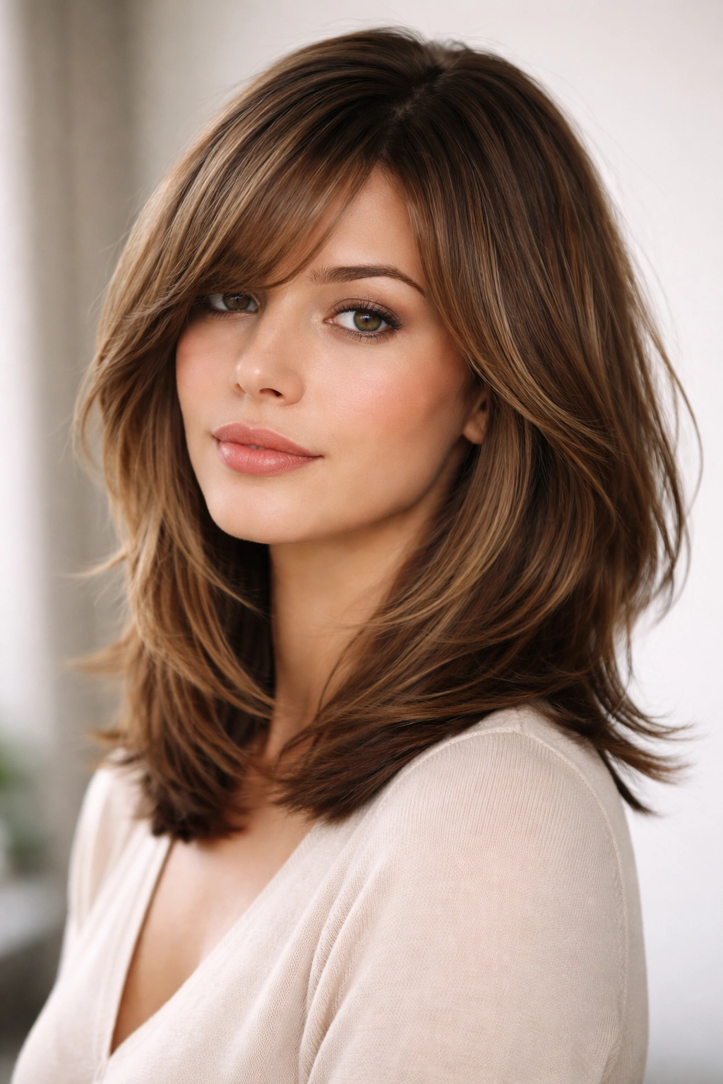 Long layered bob with side-swept bangs framing the face