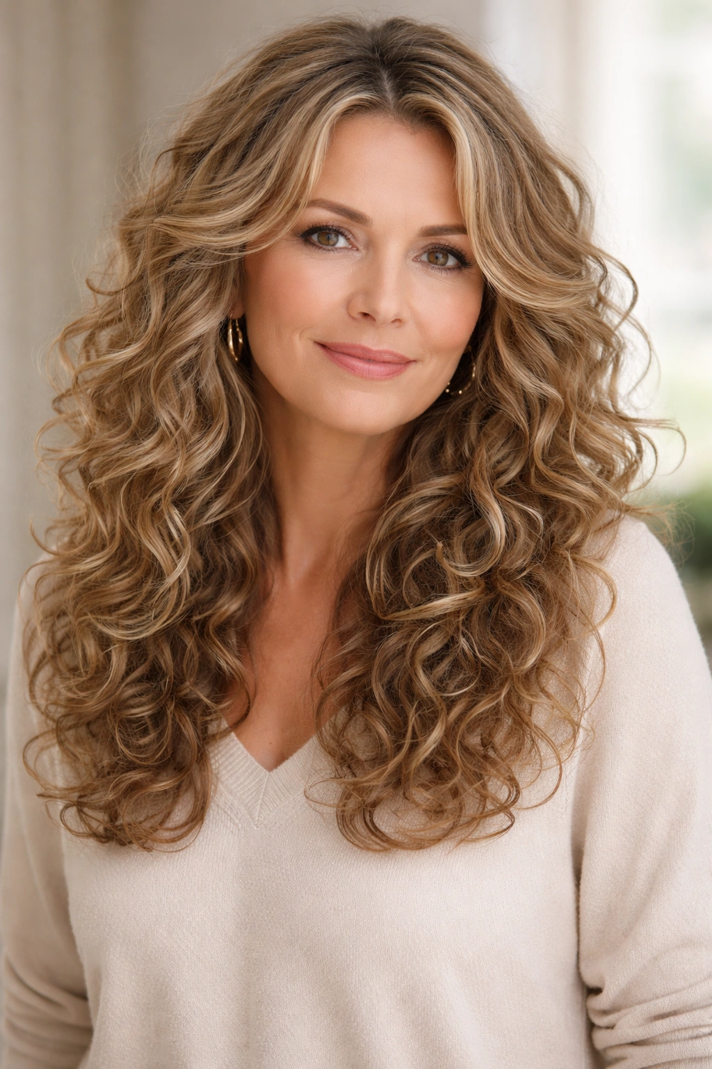 Long layered curly hair with face-framing layers