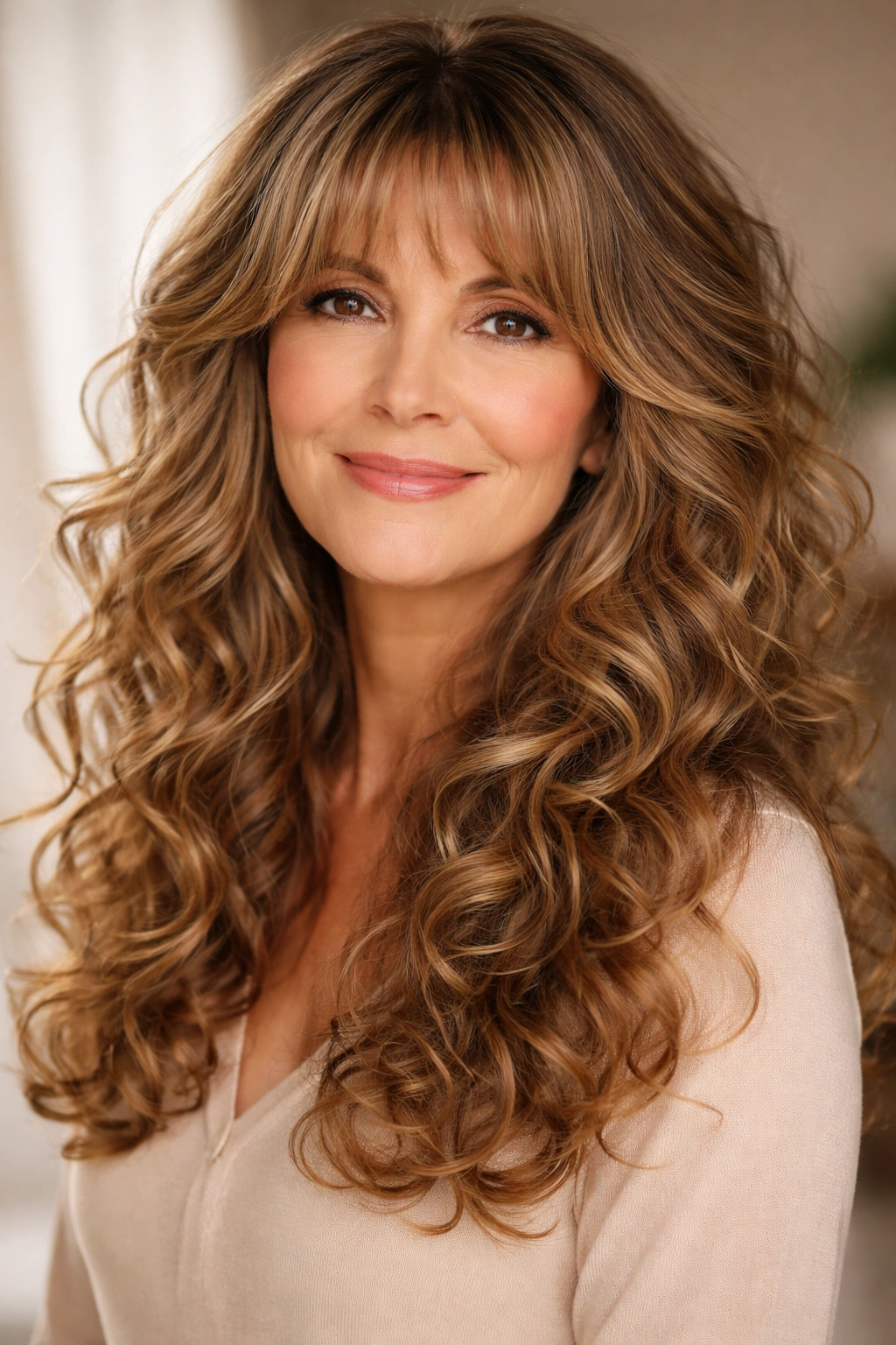 Long layered curly hair with curtain bangs in a soft studio setting