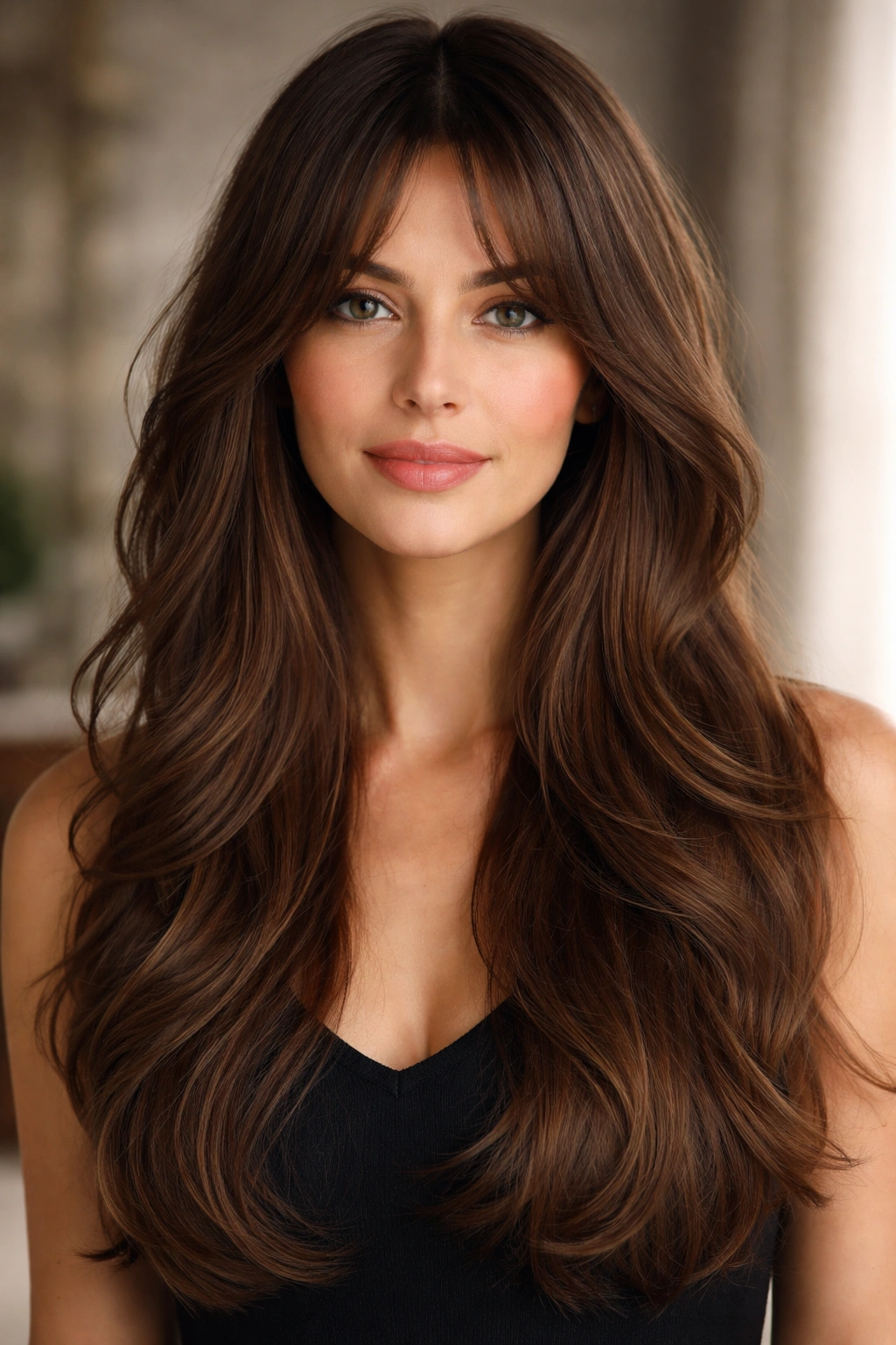 Long layered cut with curtain bangs framing the cheekbones