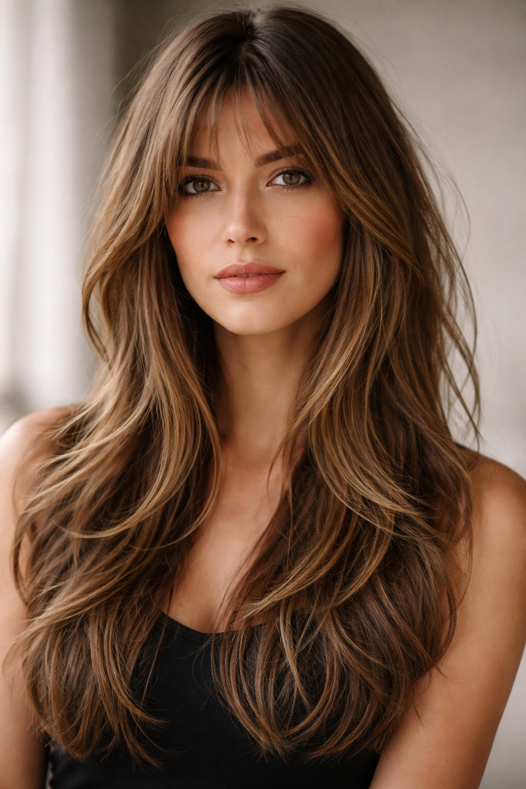 12 Haircuts That Look Amazing On Longer Faces 7 Close-up of a long layered hairstyle with minimal face-framing bangs highlighting texture