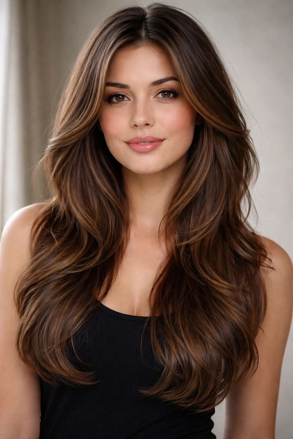 Model with long layered hair showing mid-length layers and crown volume for a round face.