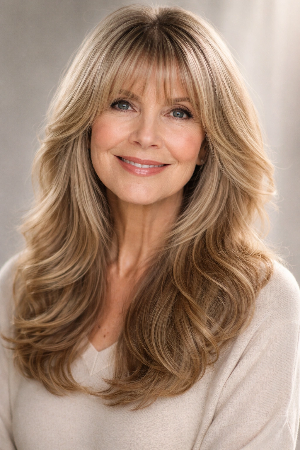 Long layered hair with soft bangs and balayage on a studio portrait