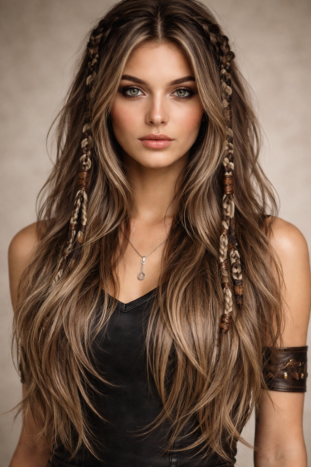 Long layered Viking-inspired hair with leather accessories