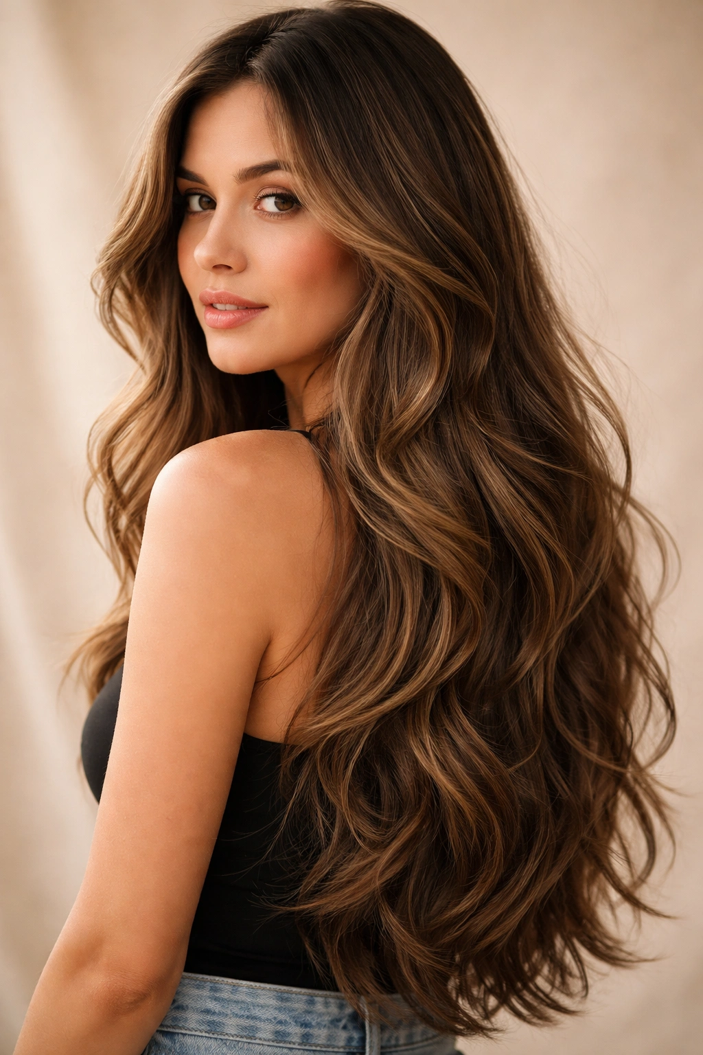 15 Wash And Wear Haircuts For Naturally Wavy Hair 6 Portrait of a model with a long layered mane of wavy hair.