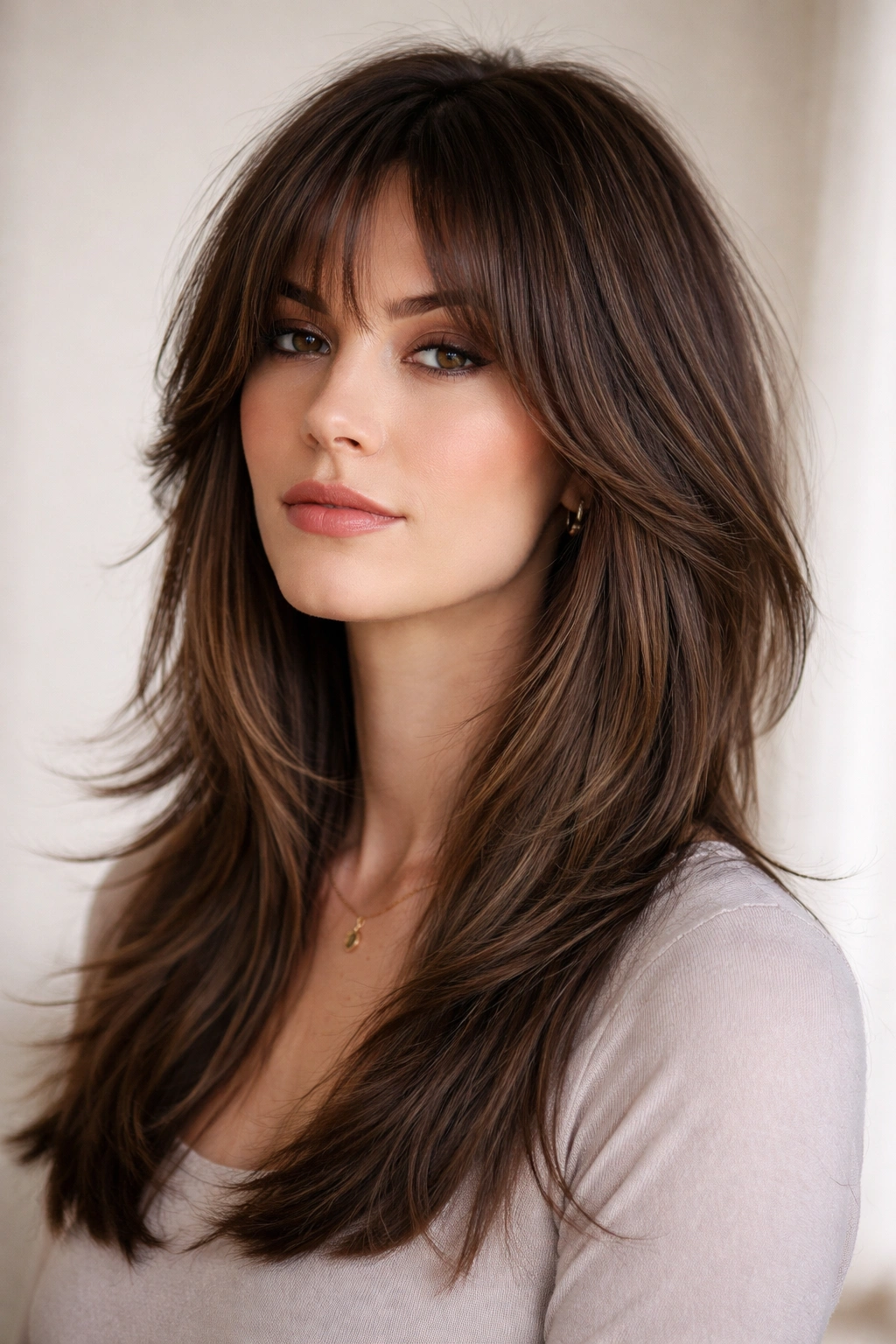 Long layered shag on oblong face with straight hair showing width
