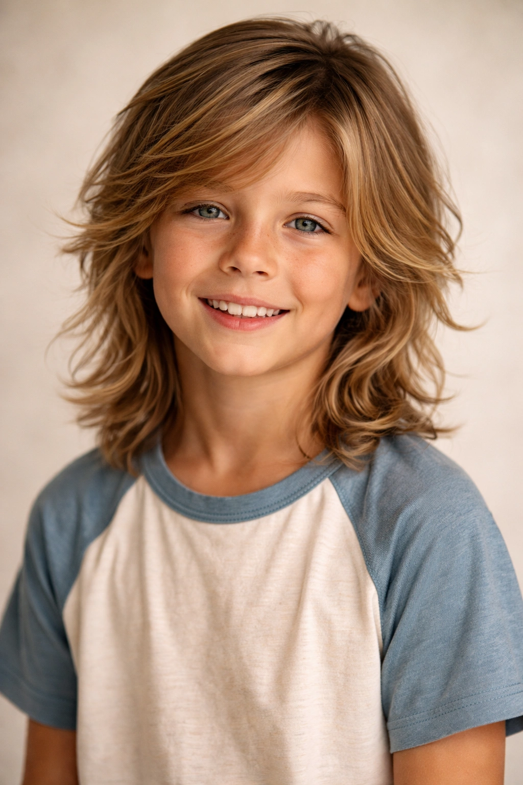 Boy with long layered surfer hairstyle showing soft waves and movement