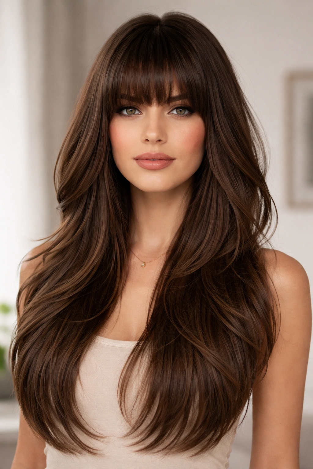 Hair with long layers and heavy bangs framed around the face