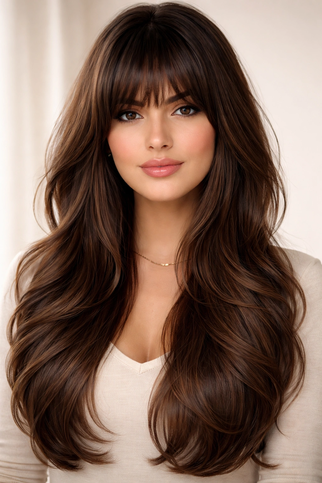15 Slimming Haircuts That Flatter Fuller Faces 9 Long layered hairstyle with heavy textured bangs framing the face.