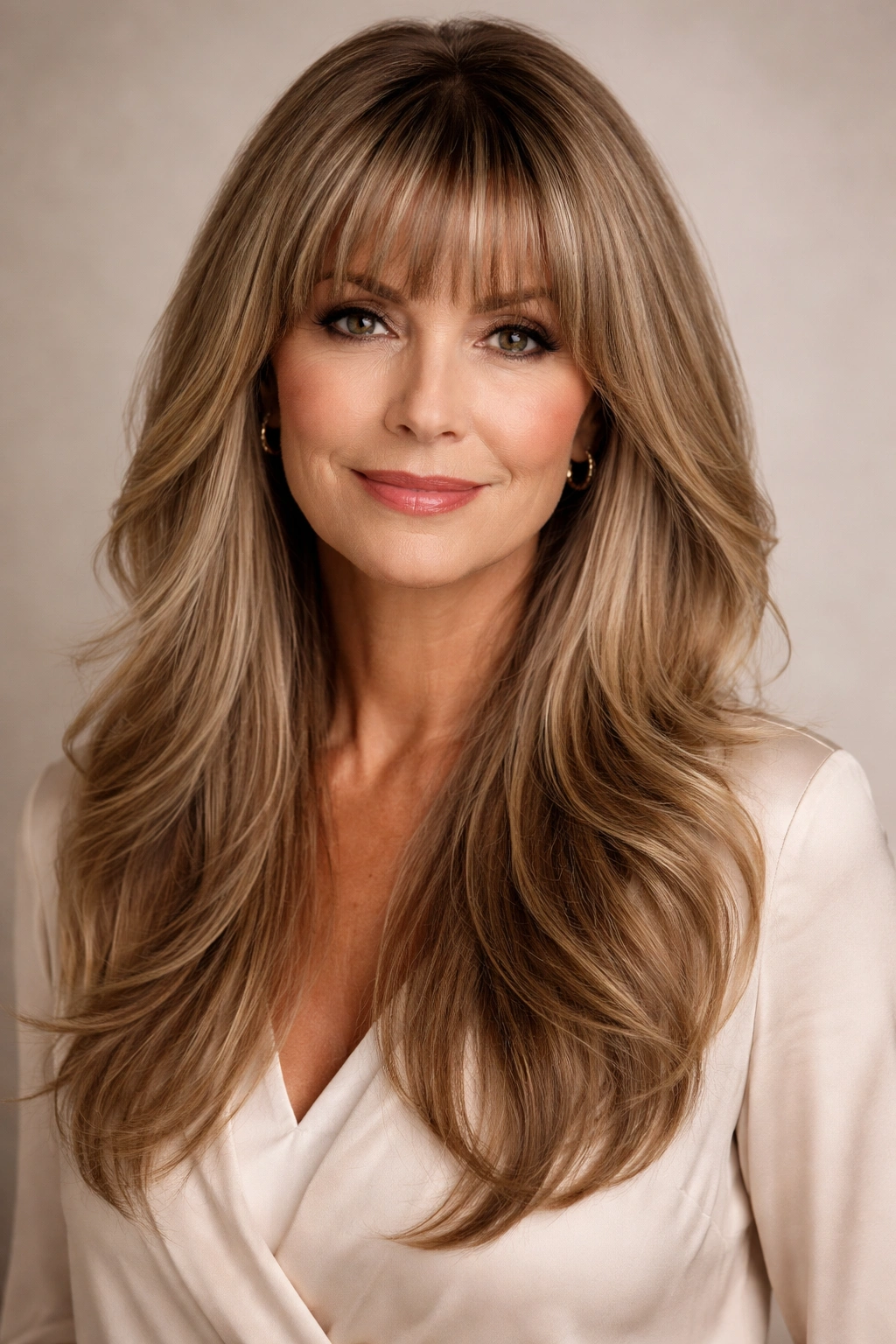 Front-facing portrait with full bangs and long layered hair framing the face.
