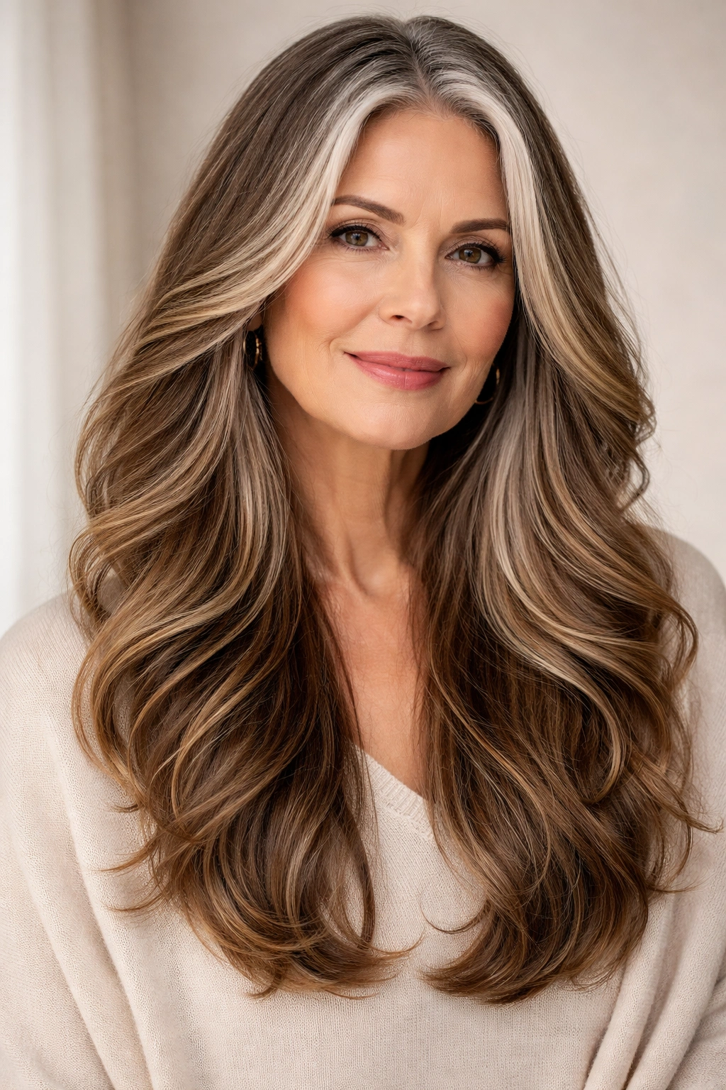 Long layered hairstyle with caramel balayage and soft waves.