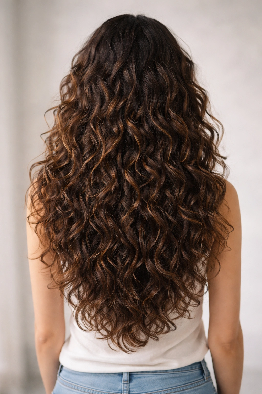 Long curly hair with long layered choppy ends and movement