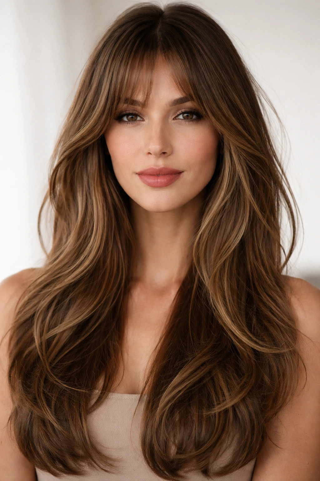 15 Hairstyles That Beautifully Flatter Long Faces 9 Model with long layers and curtain bangs framing the face to balance length
