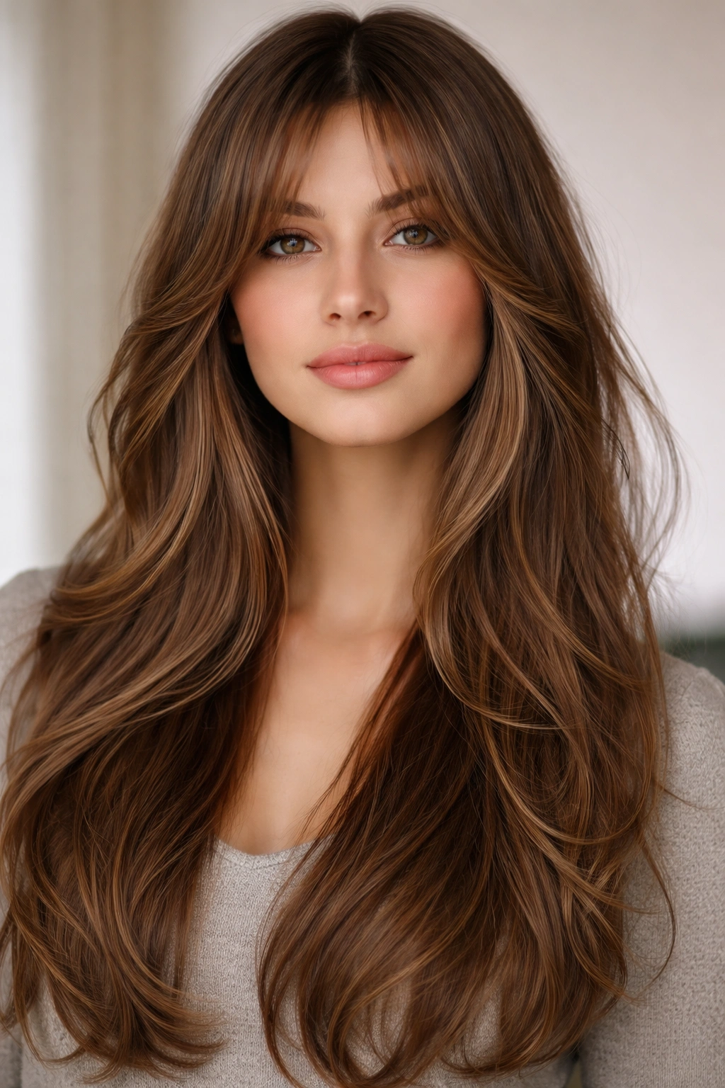 Face-framing long layers with curtain bangs in a studio portrait