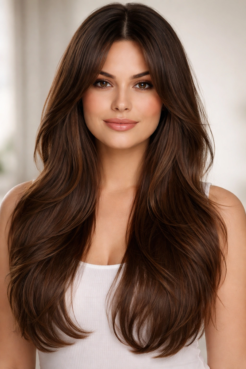 Long layers with curtain-style framing and center part.