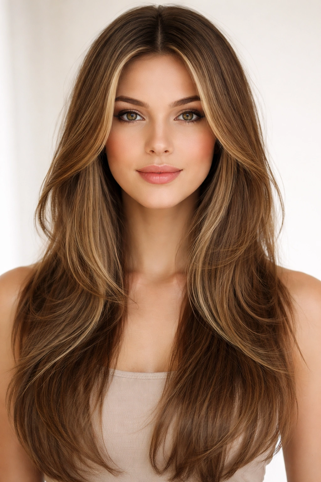 Face-framing long layers around the jawline in a front-facing portrait