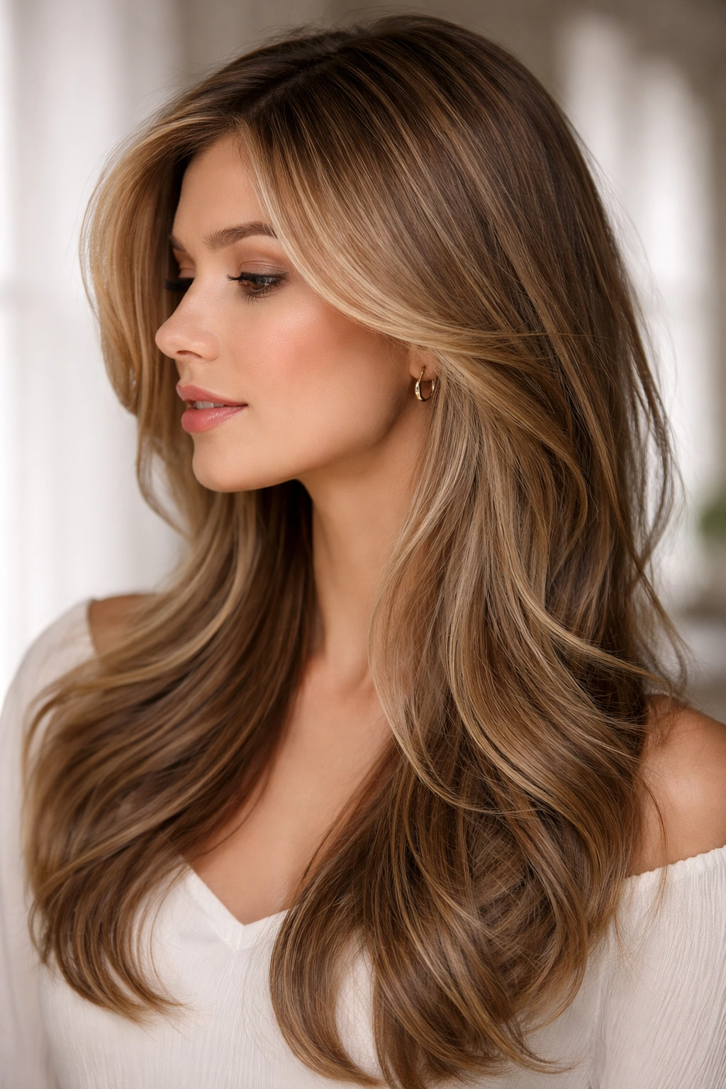 Profile view of long layered hair with cheekbone-length face-framing layers