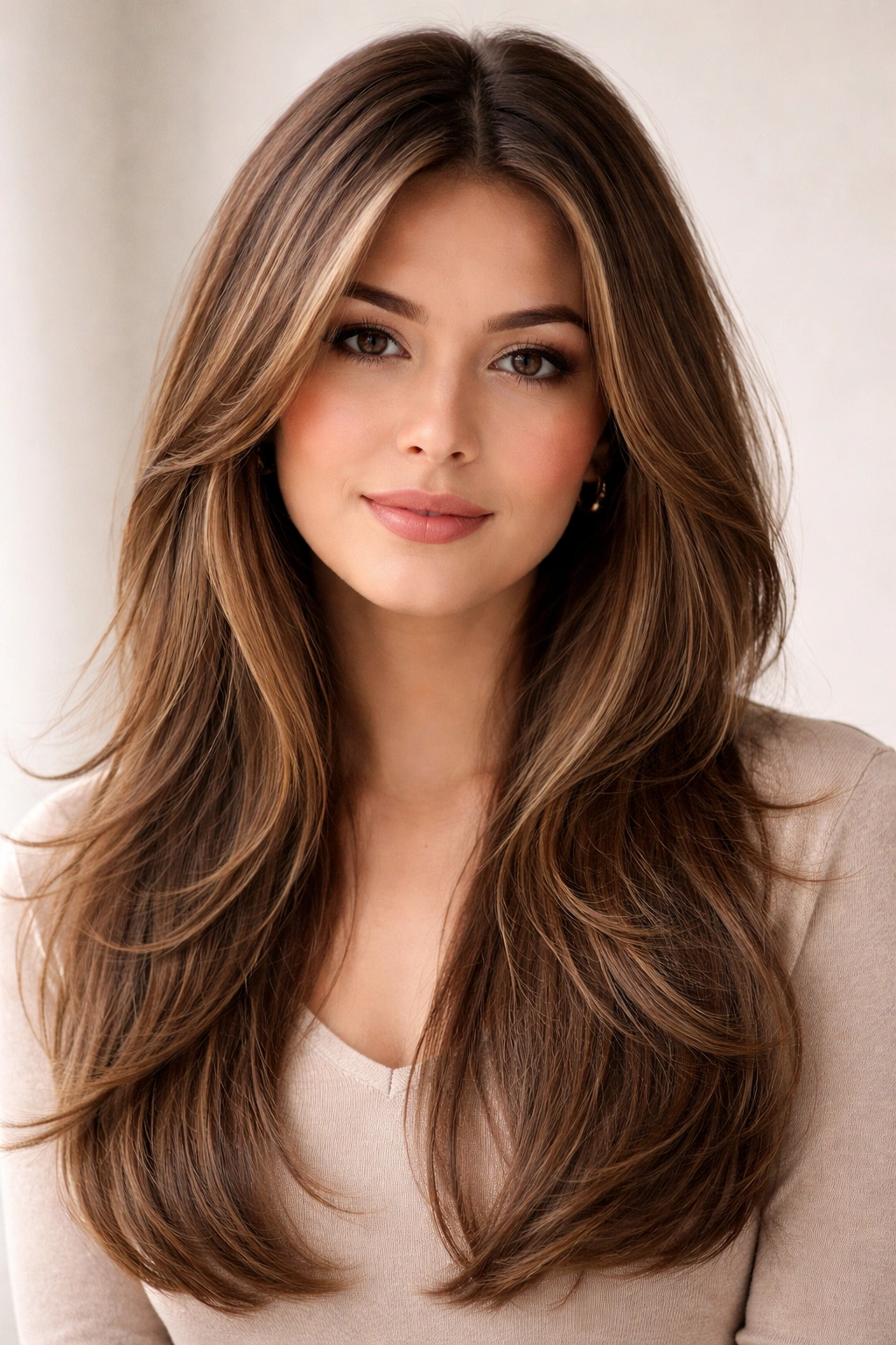 Close-up of long layered hair with face-framing pieces against a neutral studio backdrop