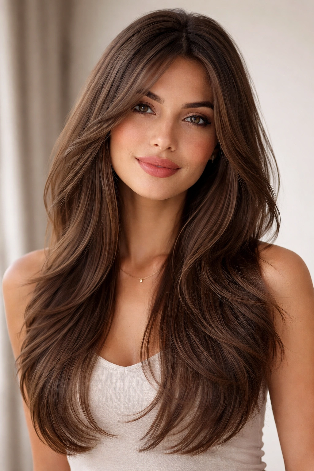 Long hair with face-framing layers around the cheeks in a studio setting.