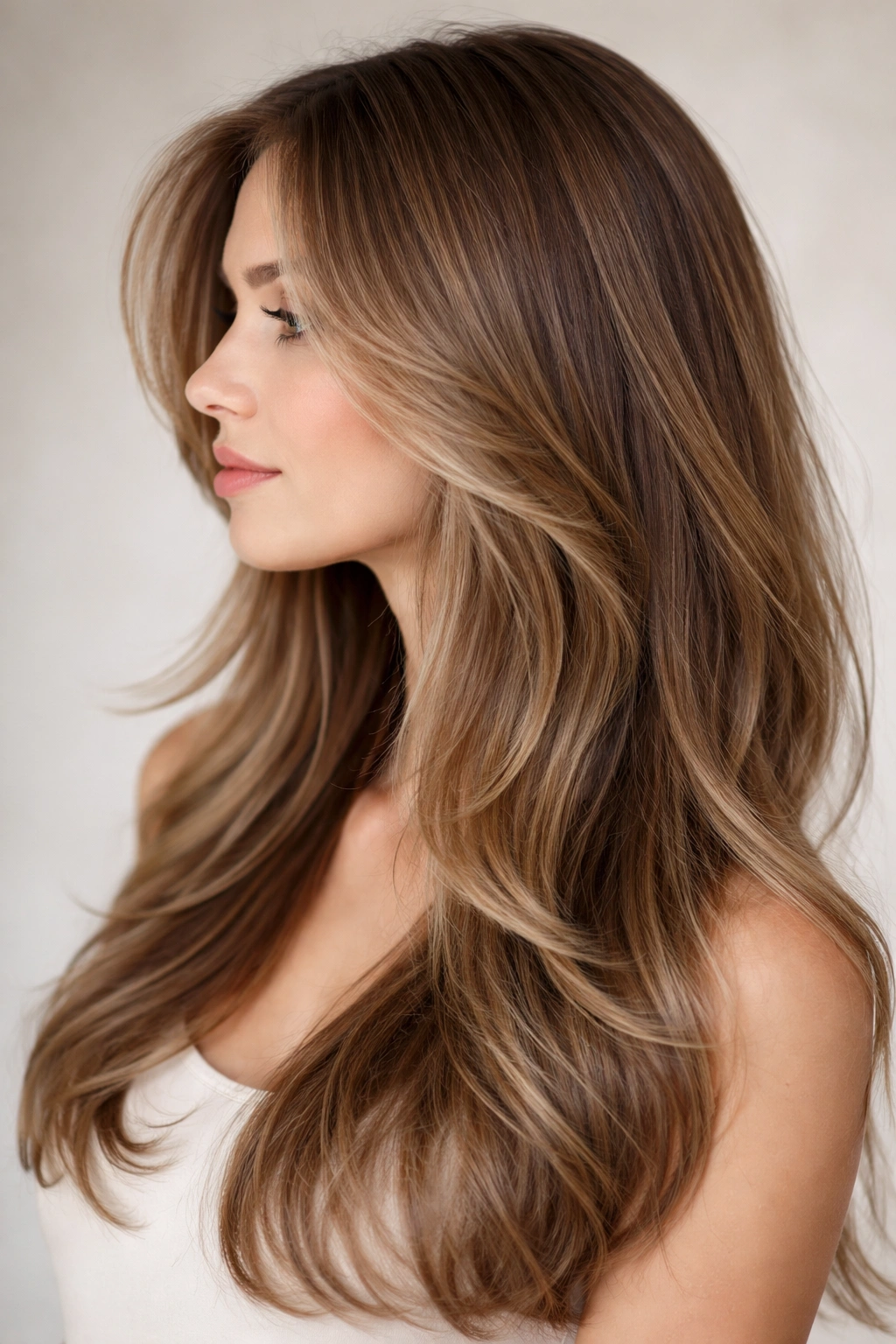 Portrait of a person with long layers and face-framing pieces