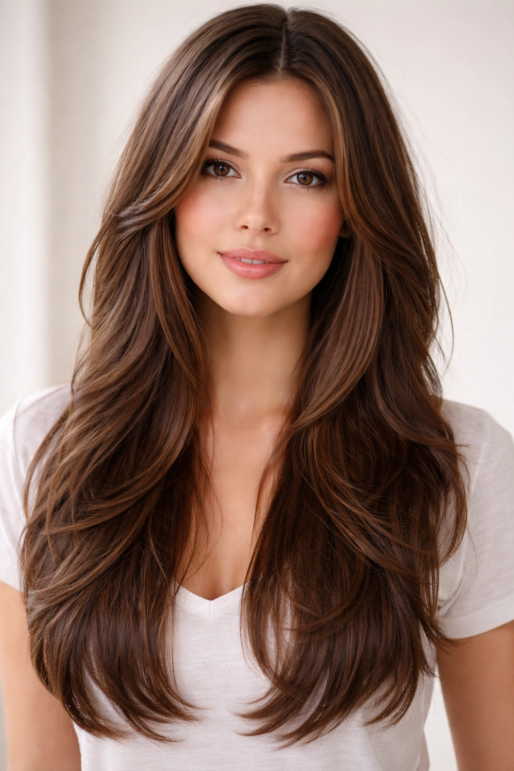 Full-head shot of long hair with subtle face-framing layers