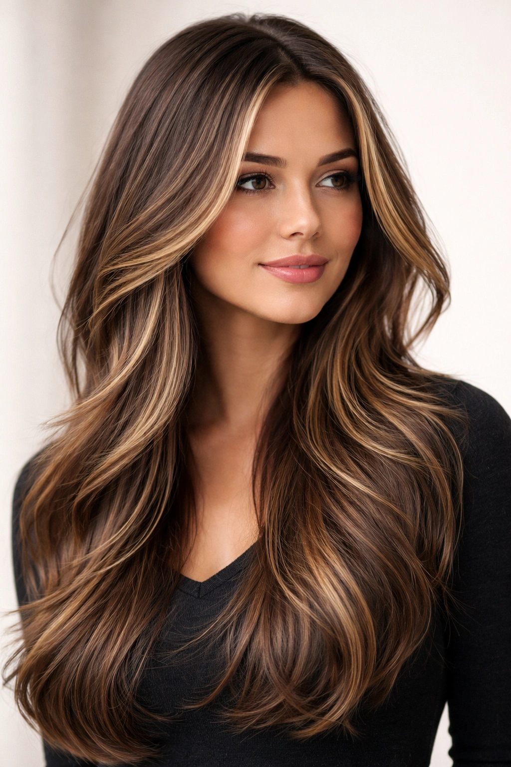 Long layered hair with face-framing highlights in studio lighting