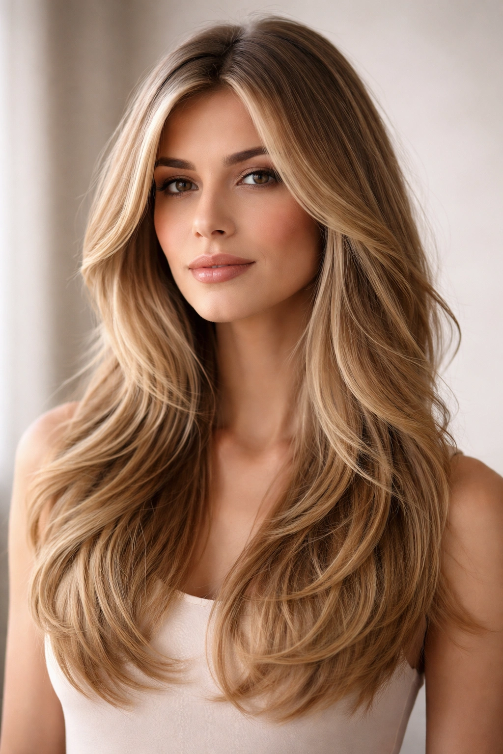 Fine hair with long, blended layers creating volume and movement