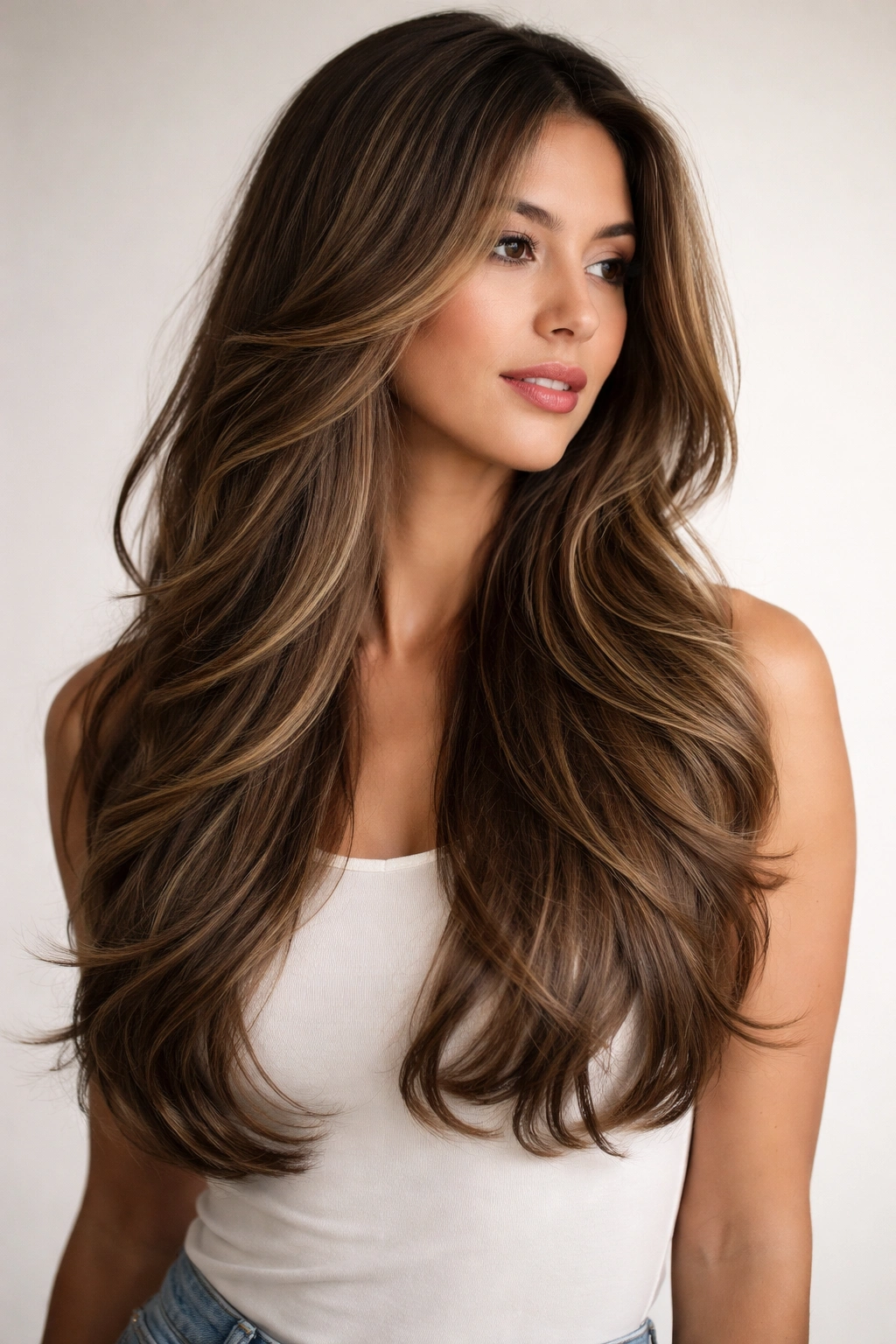 Long layered hair with movement and depth