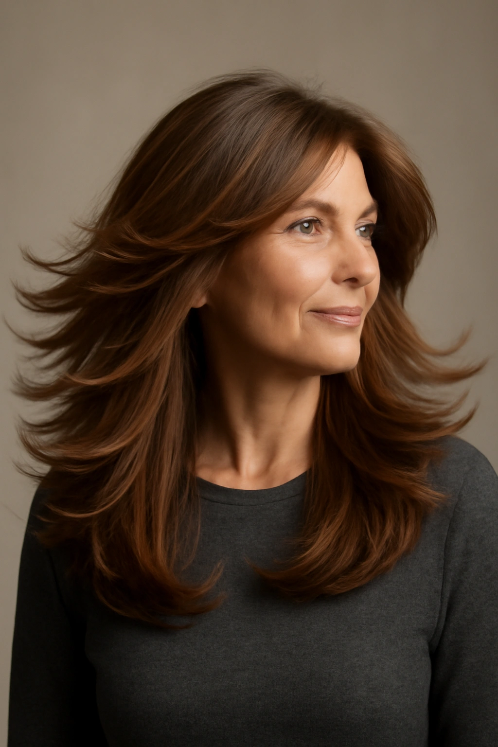Long layered hair with movement creating fullness and depth.