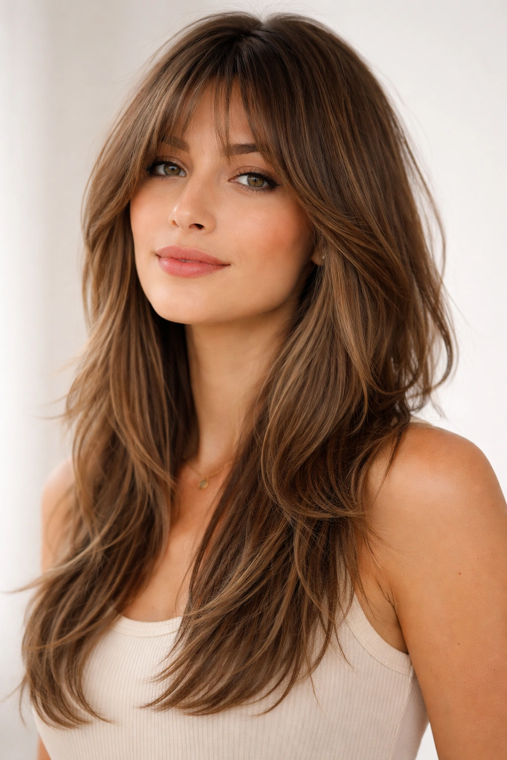 Portrait of a person with long layered shag and subtle end texture