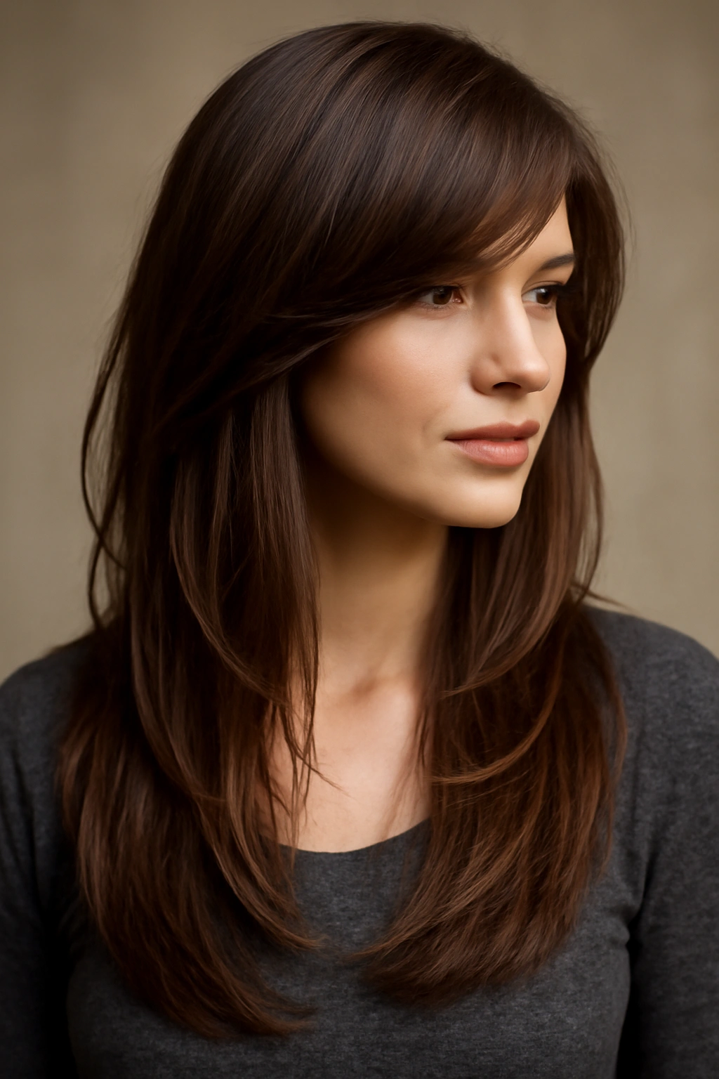 20 Layered Styles That Instantly Elevate Your Look 11 Profile view of long layered hair with side-swept bangs