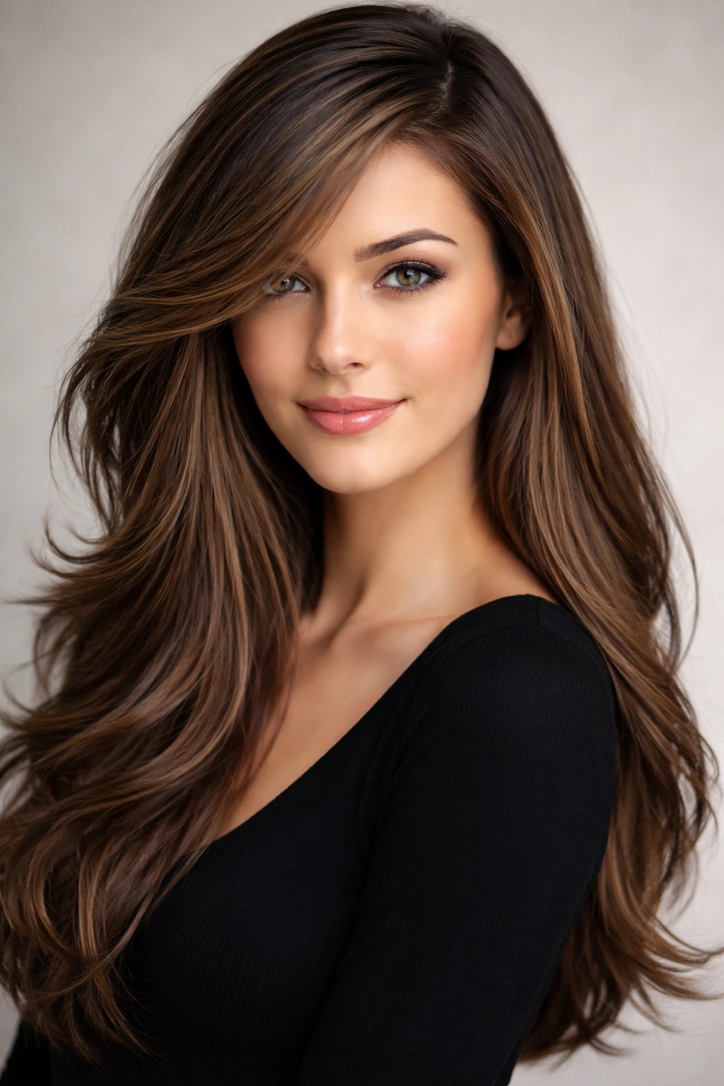 Long hair with deep side part and side-swept layers creating width.