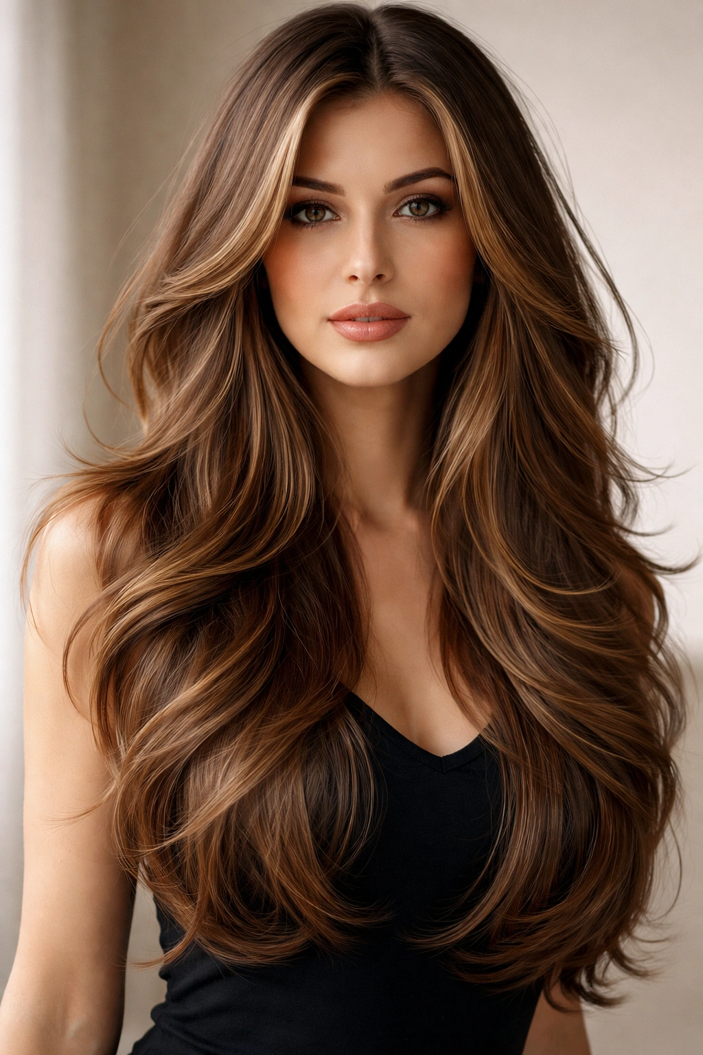 15 Flattering Hairstyles For Long Oval Faces 15 Long hair with visible layers creating volume in a studio portrait.