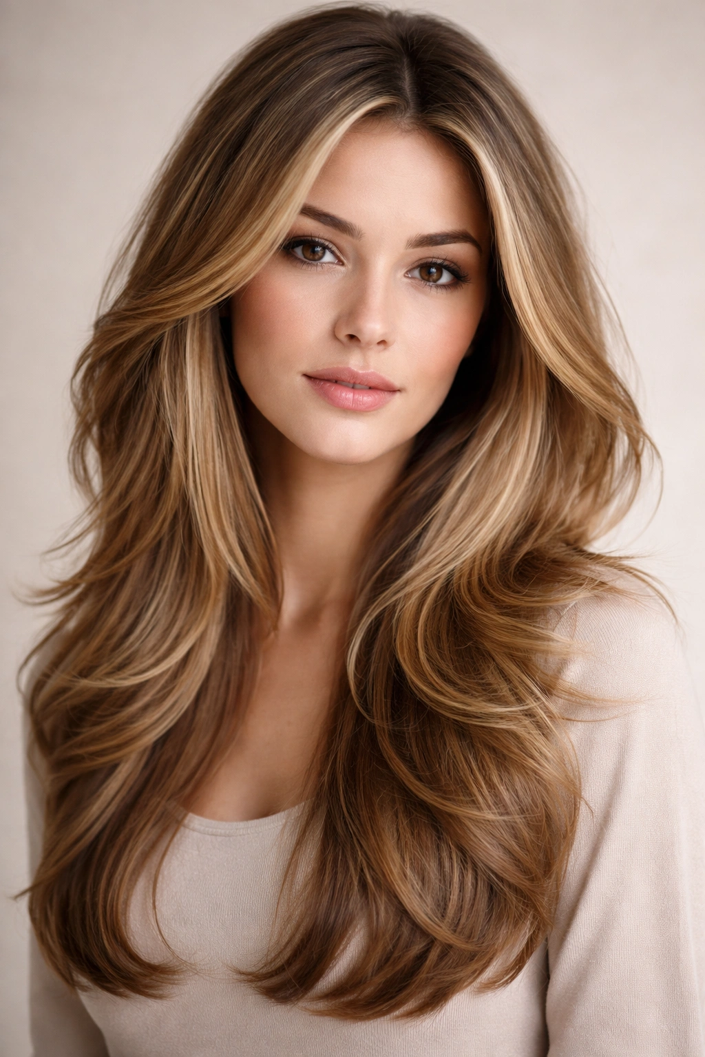 Long layered hairstyle with volume at the sides framing the face