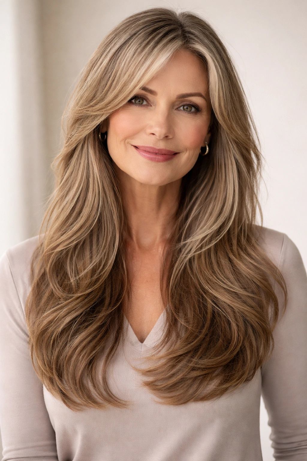 Long layered hair with subtle waves adding density and movement