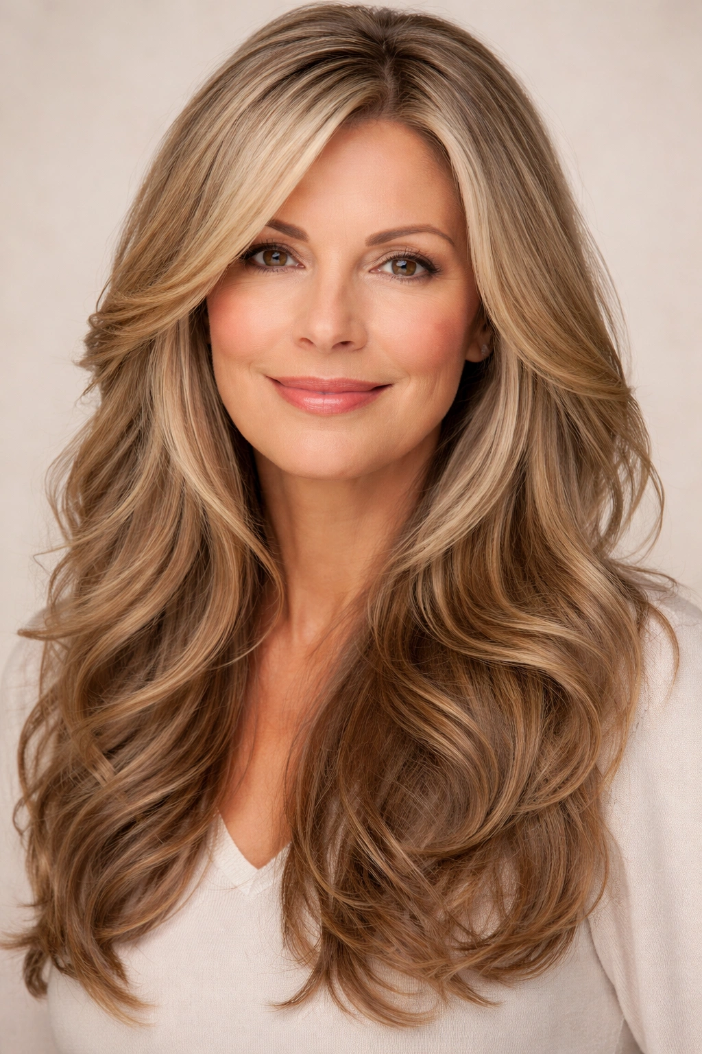Close-up of thick hair with long layered waves framing the face