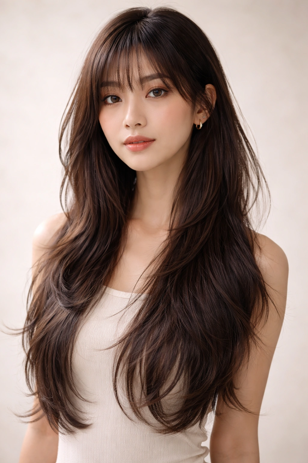 15 Asian Hairstyles Women Can T Stop Pinning 12 Long layered hair with wispy bangs skimming the eyebrows