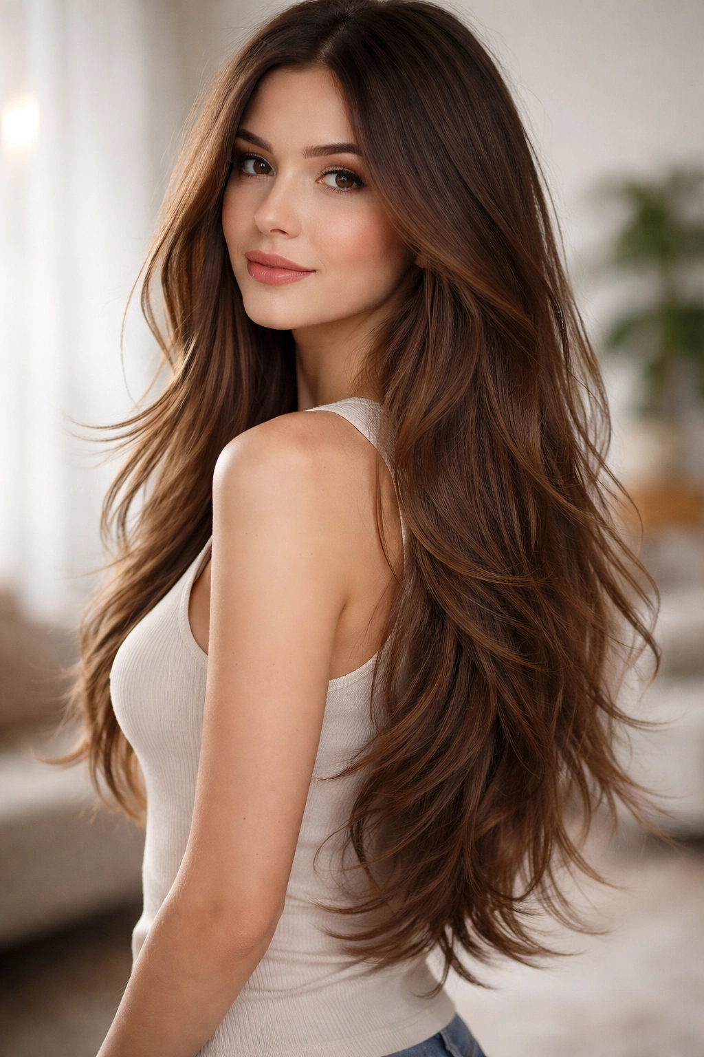 Long hair with wispy ends and soft layering framing the face