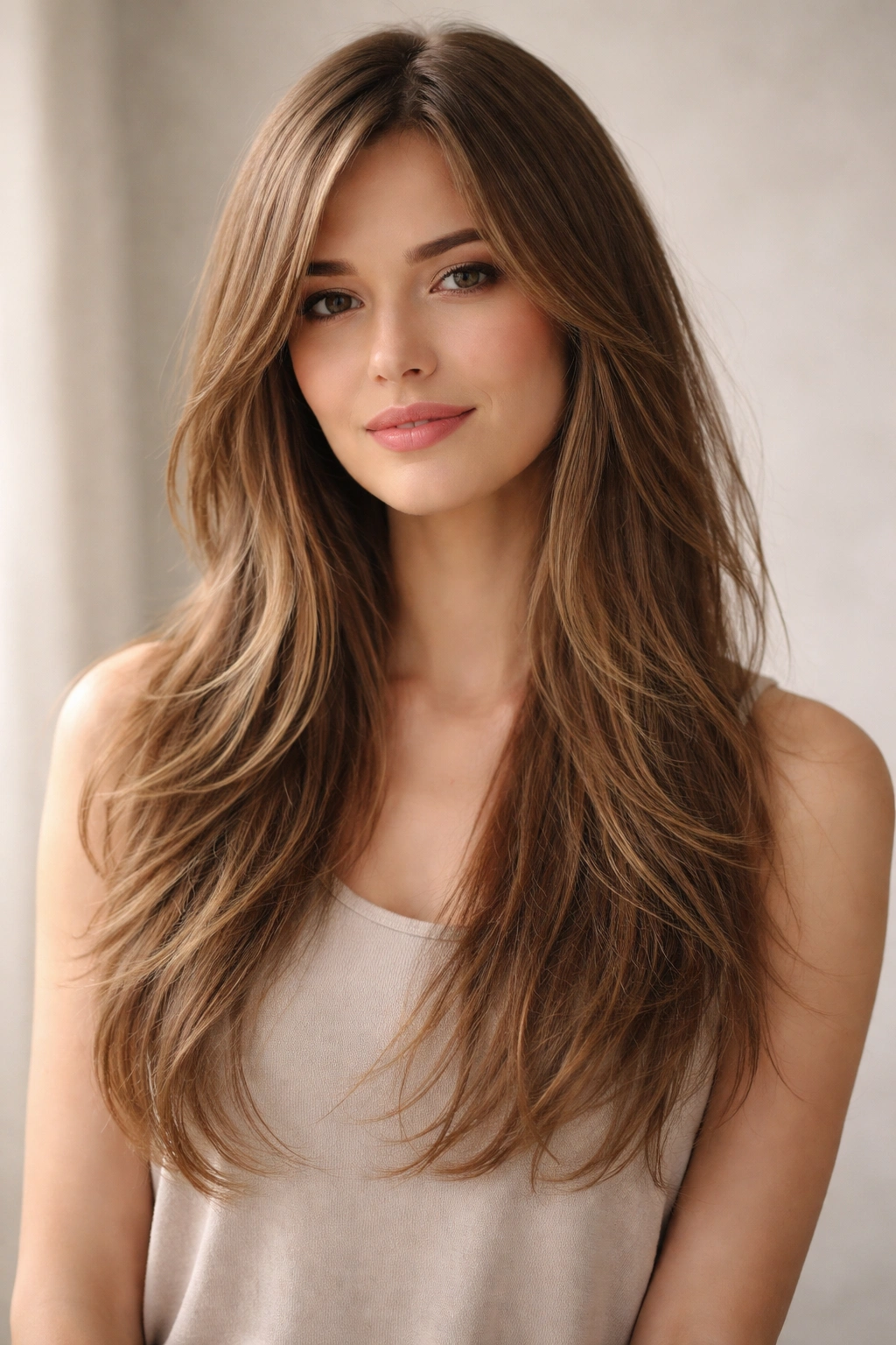 Medium-length hair with graduated layers and wispy ends in studio lighting
