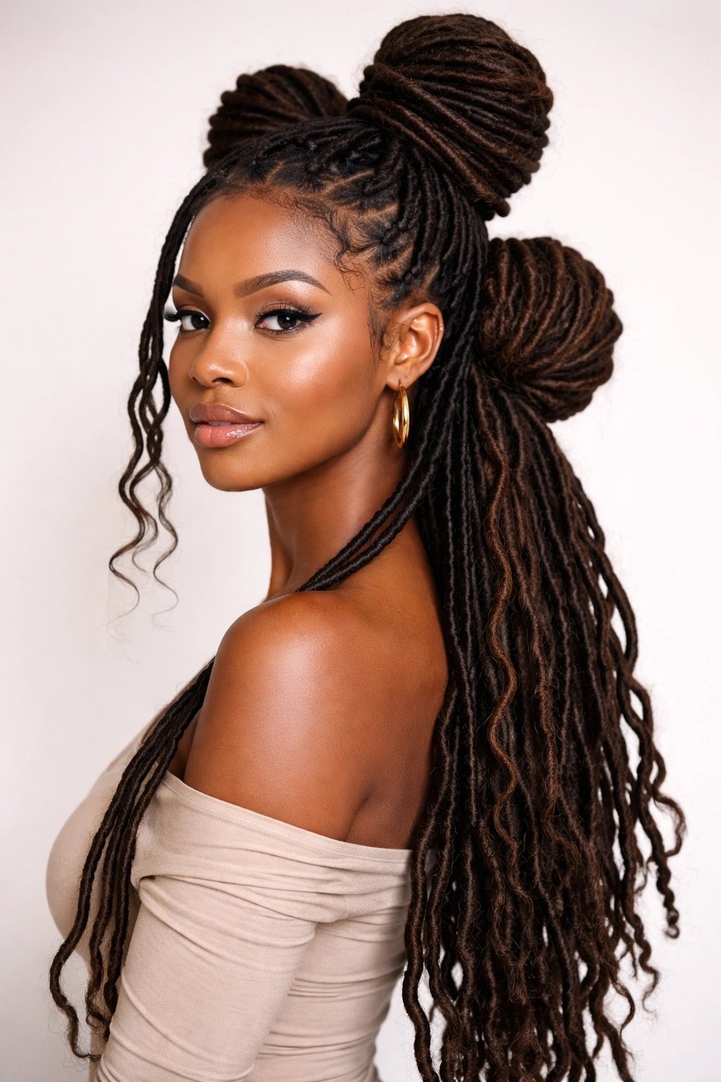 Long locs with alternating high and low buns