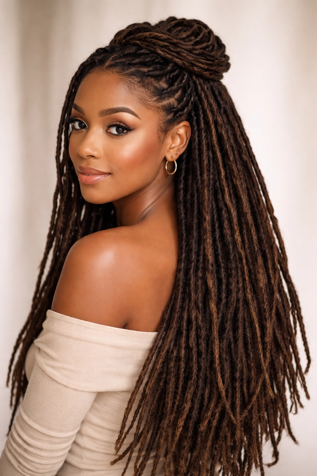 Waist-length dreadlocks styled in a half-up crown knot against a neutral studio backdrop