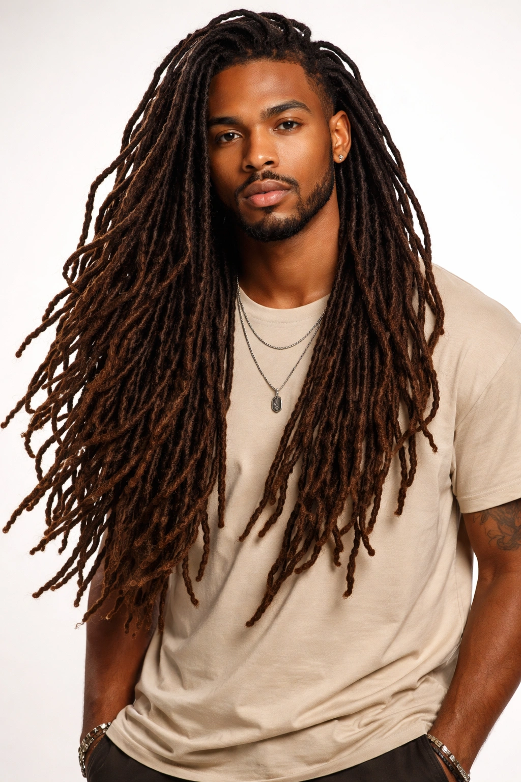 Full-length portrait of long flowing locs with shoulder-length rope texture