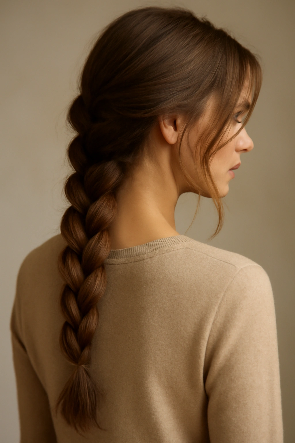 Long loose braid down the back with face-framing pieces softly framing the face
