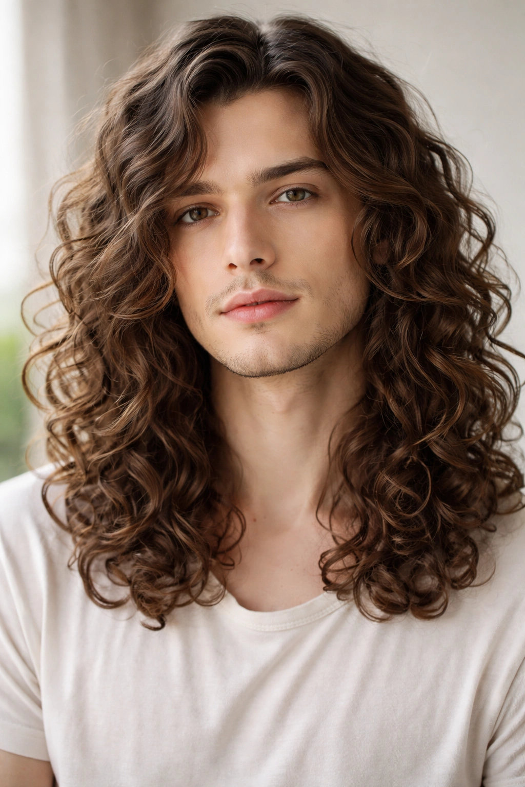 Shoulder-length long loose curls on a man with soft, defined curls