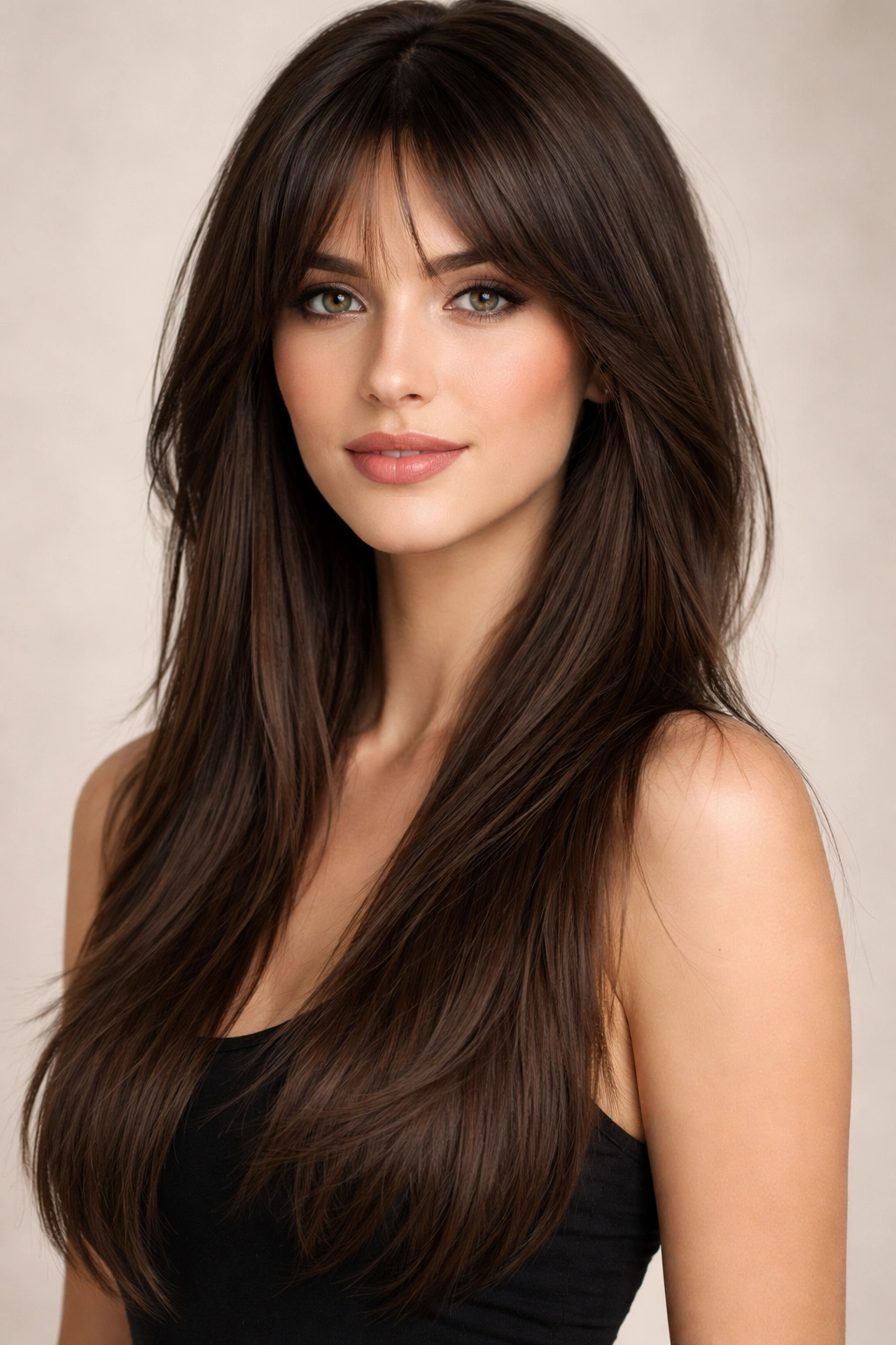 Oval-faced model with long straight hair in subtle layers for movement